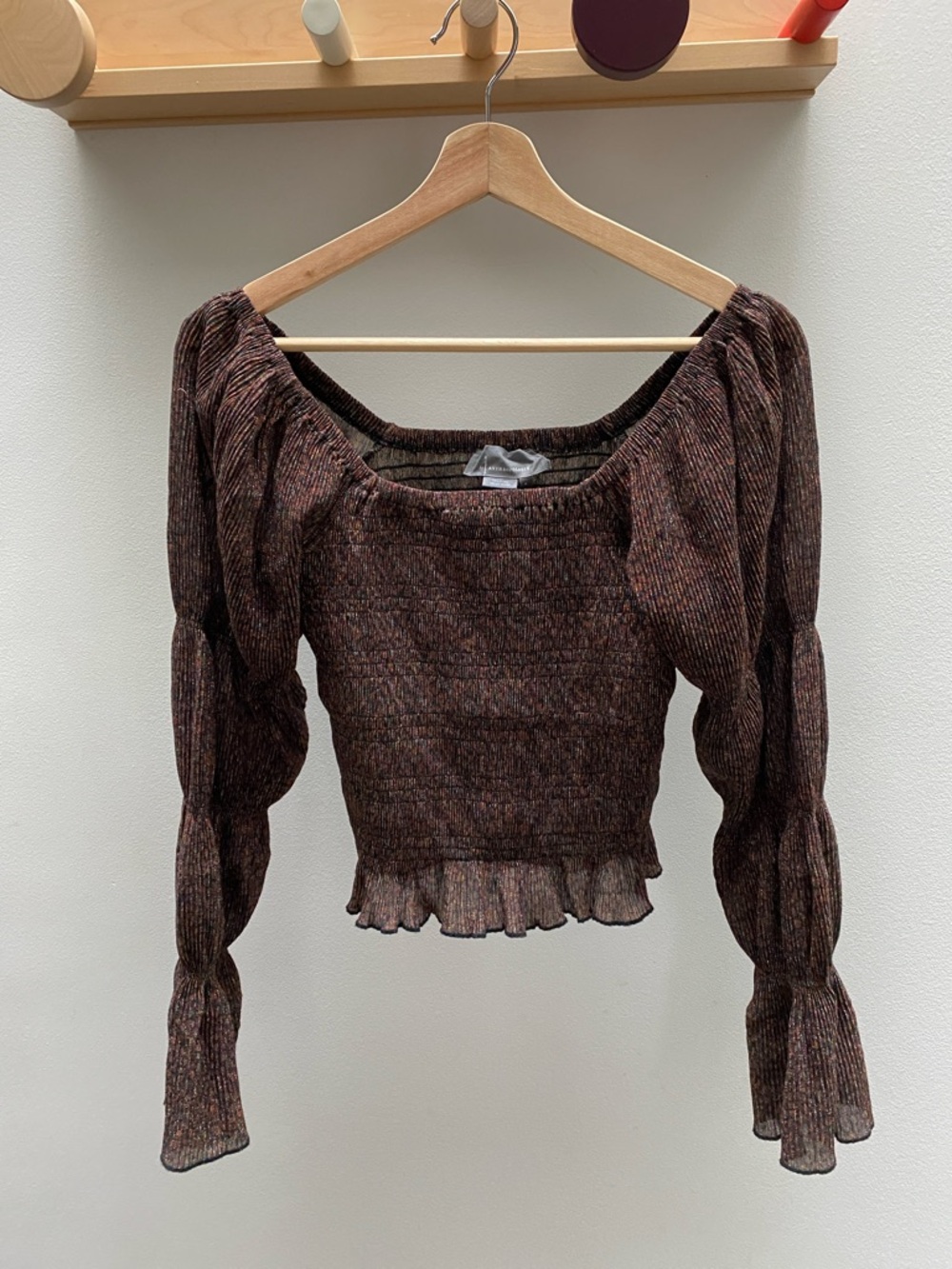 Anthropologie Smocked Peasant Long-Sleeve Top in Metallic Brown